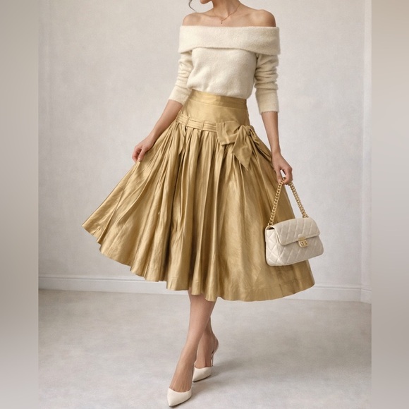 Dkny Dresses & Skirts - Vintage DKNY 100% Silk Gold Midi Skirt Bow Detail Size 10 Quiet Luxury Y2K